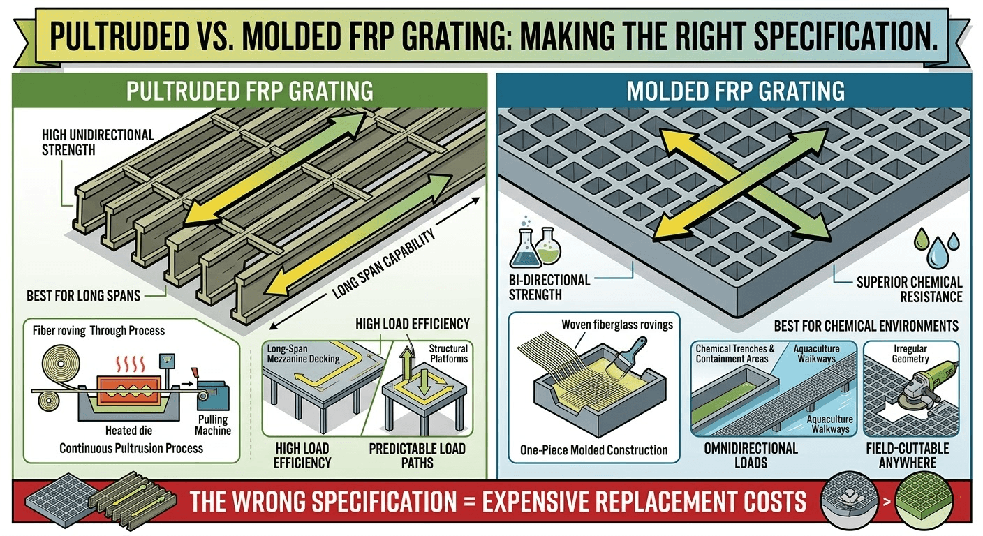 Pultruded vs Molded FRP Grating: Key Differences & Uses