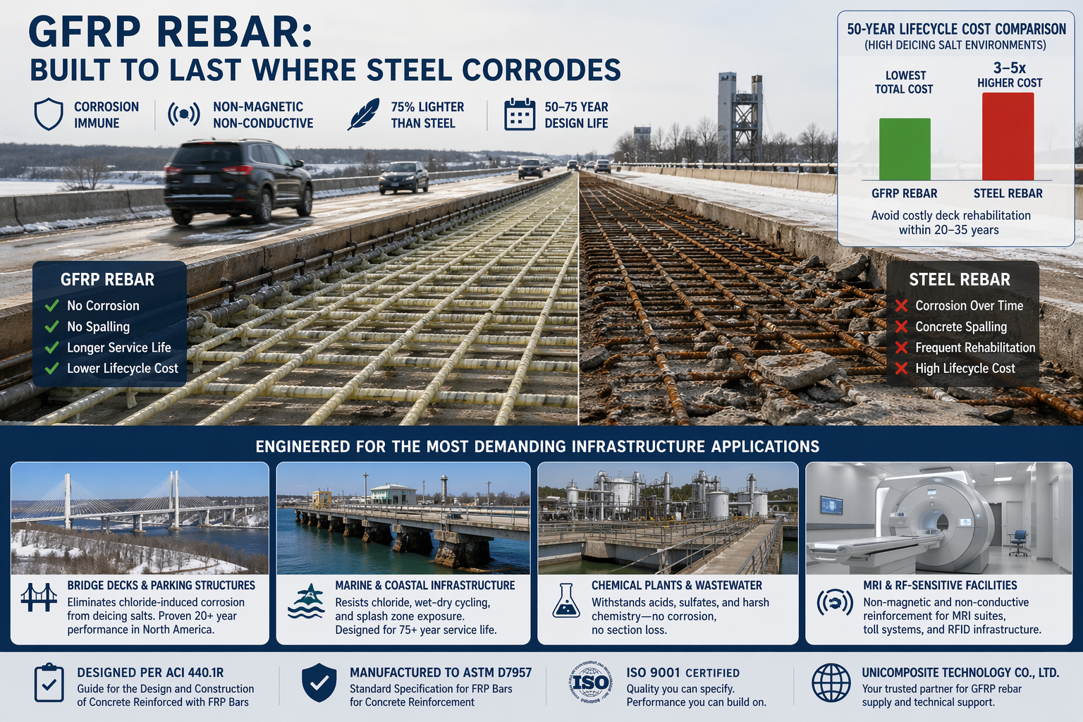 built to last where steel corrodes GFRP Rebar: Properties, Specs & Construction Applications