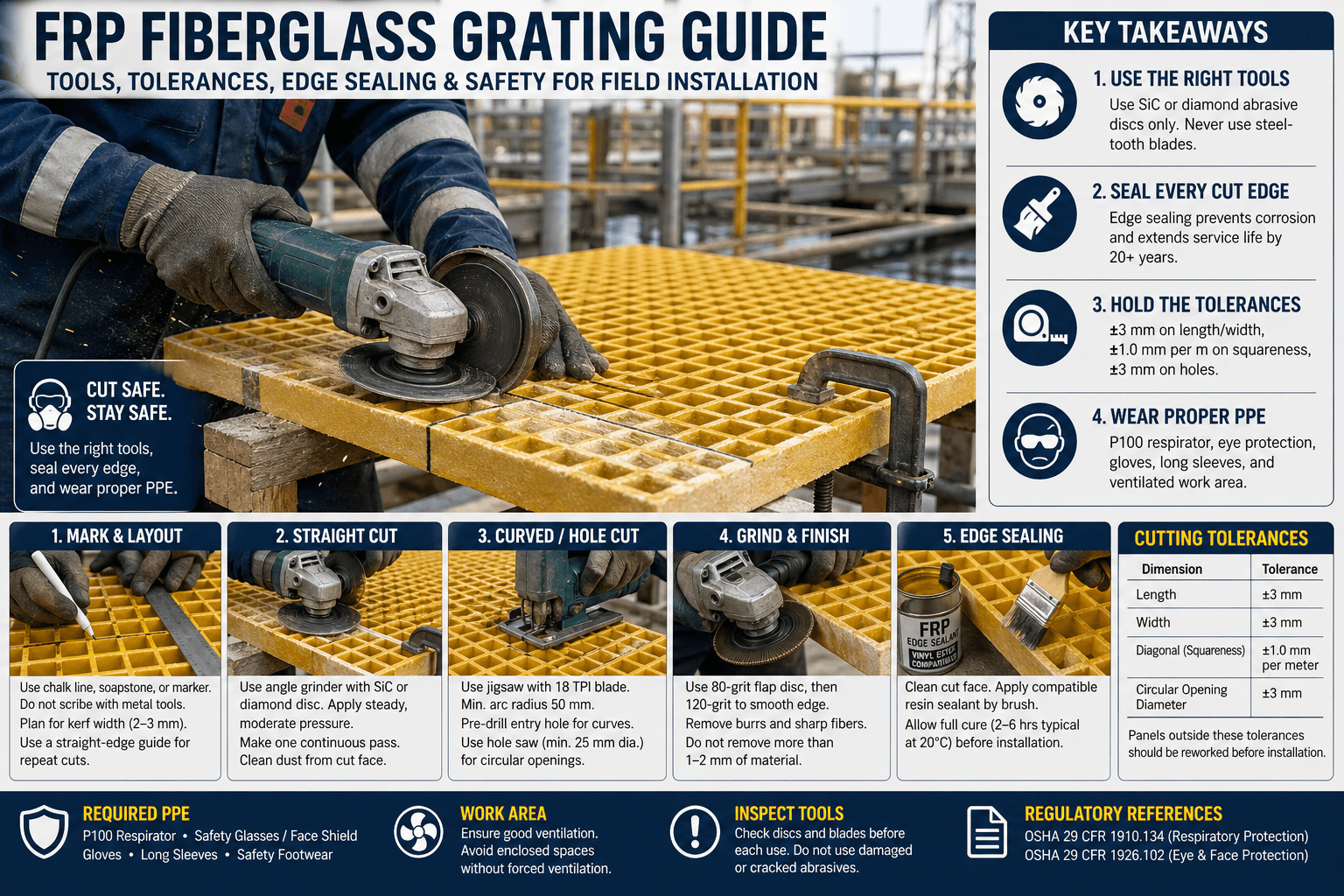 How to Cut Fiberglass Grating: Tools, Tolerances & Safety