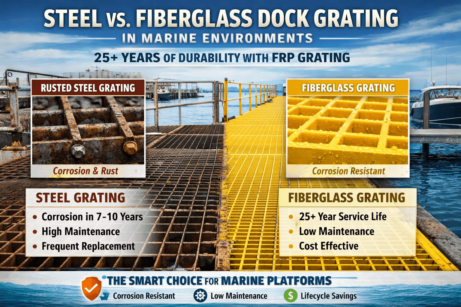 Fiberglass Dock Grating | FRP Marine Platform Grating Supplier