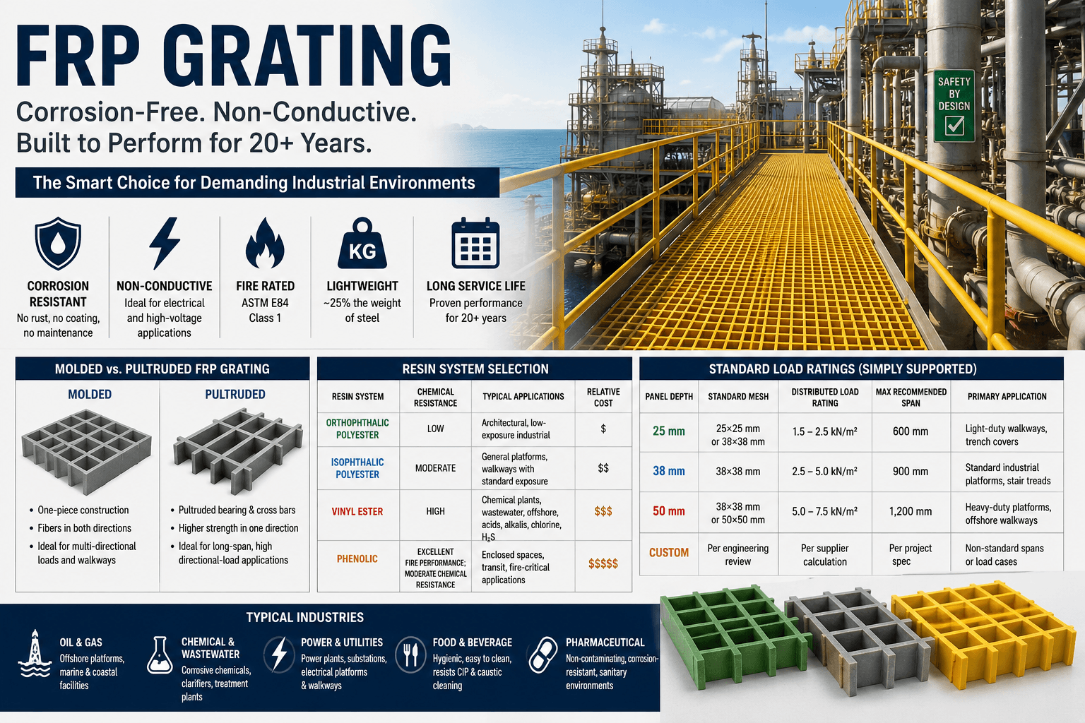 frp grating FRP Grating: Characteristics, Load Ratings & Applications