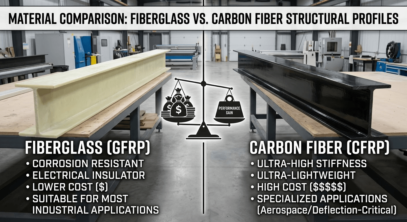 material comparison fiberglass vs carbon fiber structural profiles Fiberglass vs Carbon Fiber: Differences, Cost & When to Use