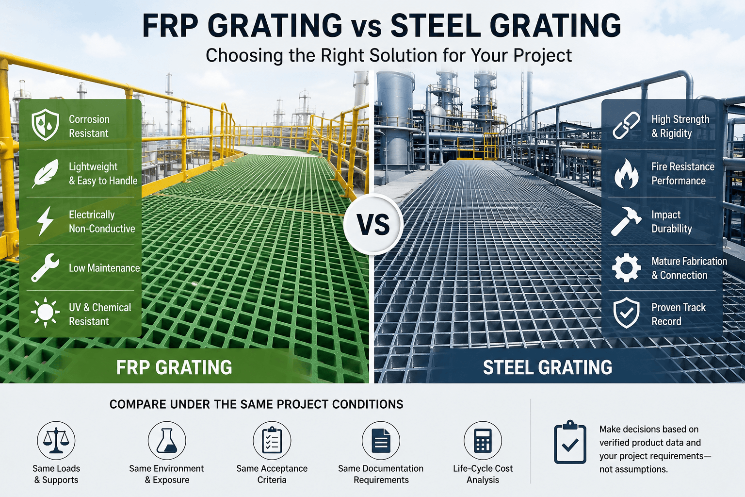 frp grating vs steel grating 2 FRP Grating vs Steel Grating: A Project Comparison Framework