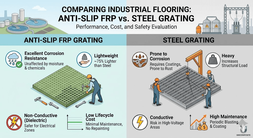Anti-Slip FRP Grating vs Steel Grating: A Practical Comparison